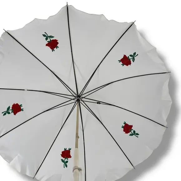 Vtg Saks Fifth Avenue Parasol Umbrella Red Rose Embroidered NOS Pinup Glam Photo
